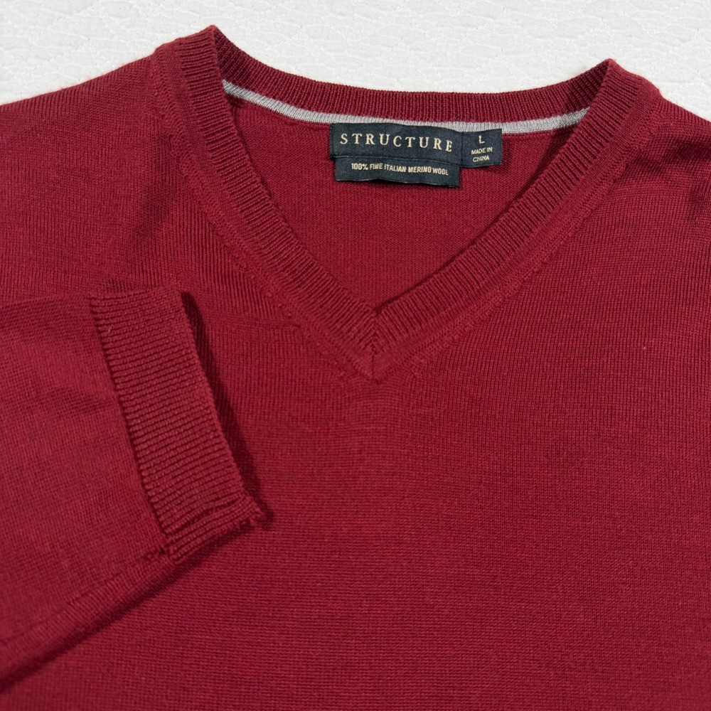 Structure V-Neck Sweater Mens L Burgundy 100% Italian Merino Wool Classic NWOT